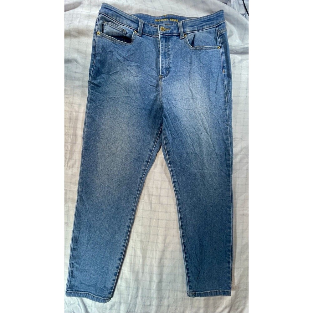 Michael Kors Gold-Embossed Slim Leg Blue Jeans - Size 12